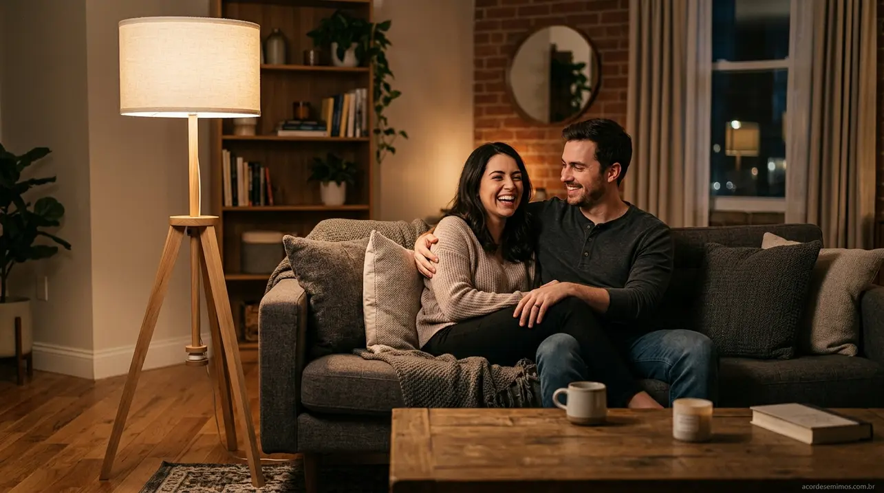 Casal feliz na sala iluminada
