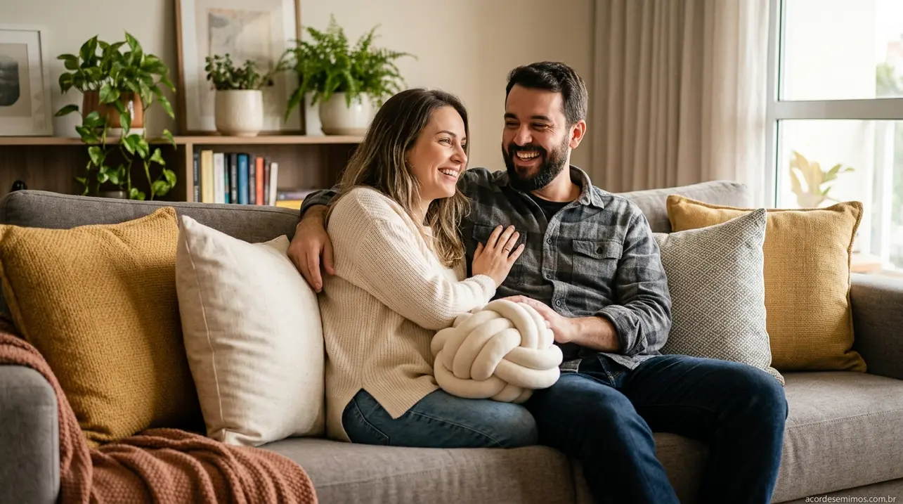 Casal no sofá com almofadas