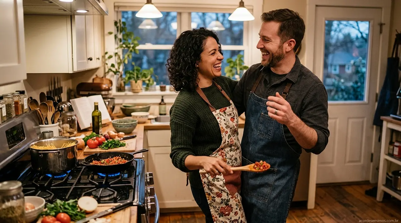 Casal cozinhando junto em harmonia